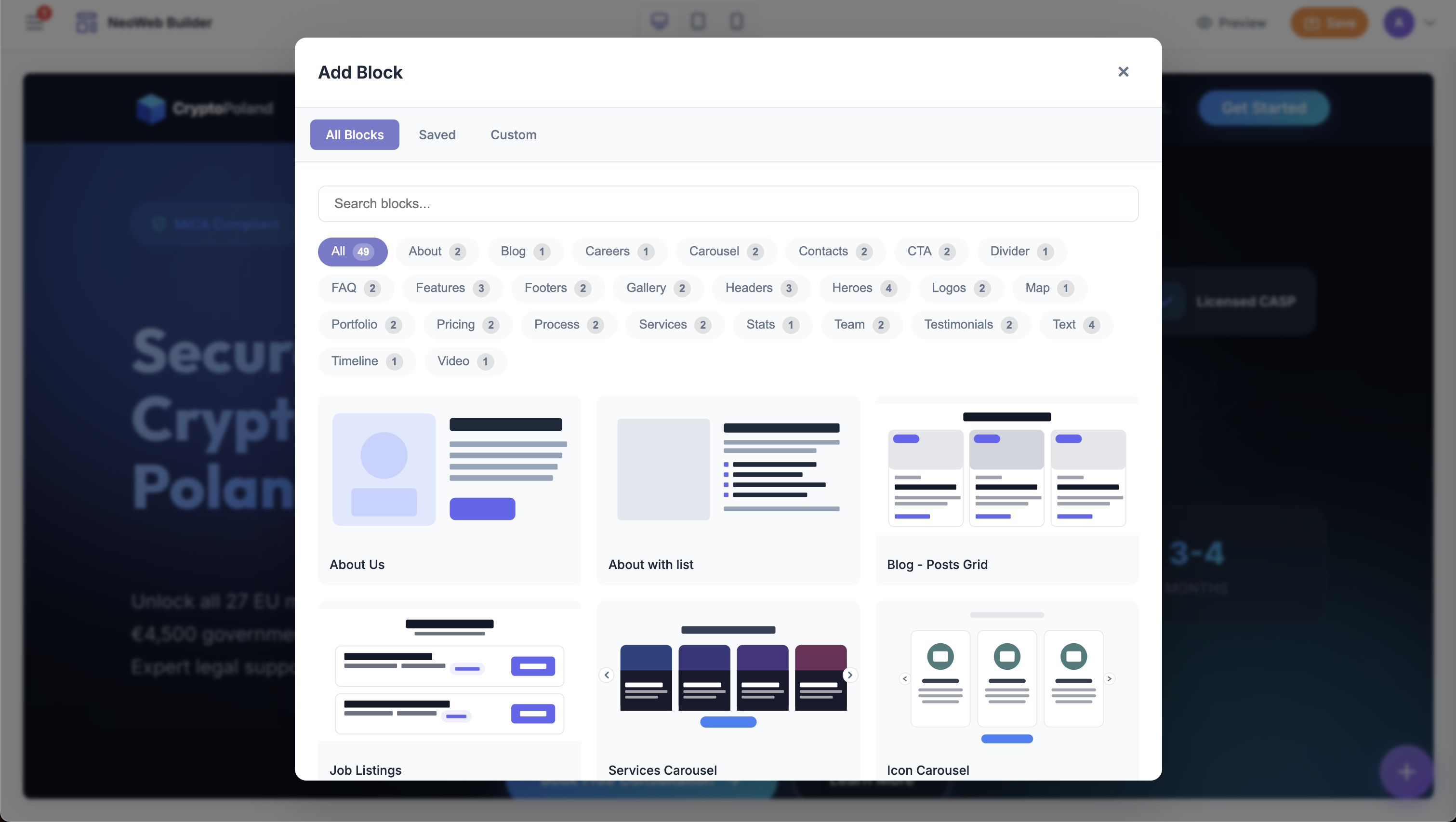 NeoWeb Builder — Block Library with 47+ blocks